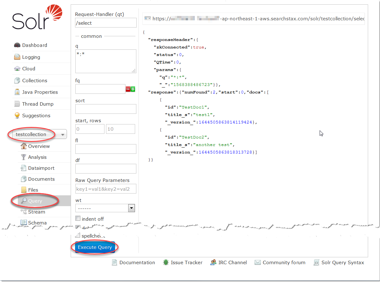 SearchStax Managed Solr Quick Start Query Screen