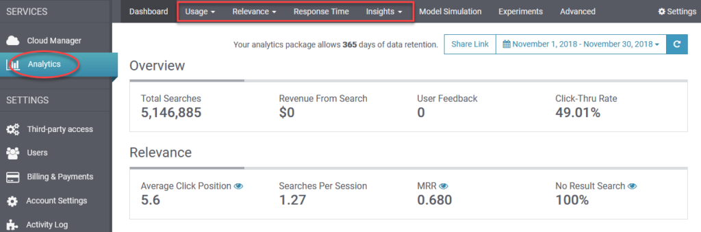 SearchStax Analytics Menu