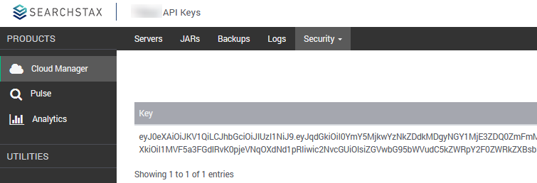 SearchStax APIkey menu