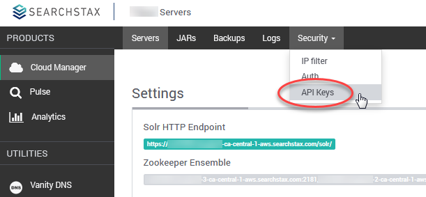 SearchStax APIkey menu