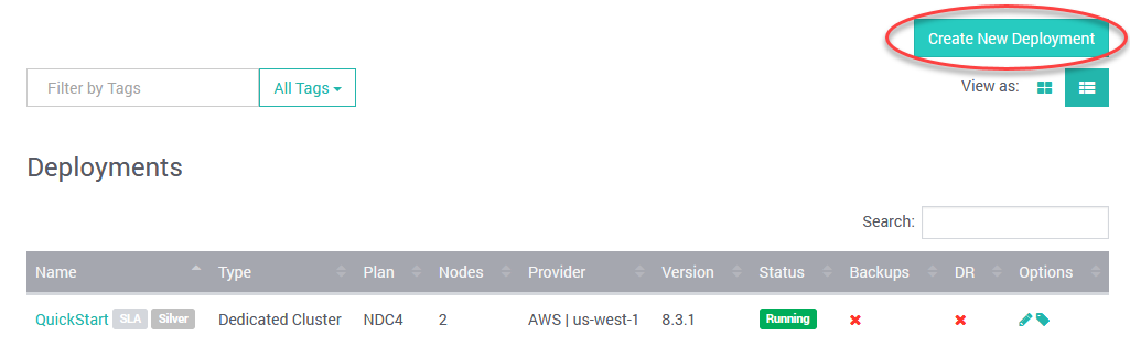 SearchStax Create New Deployment button