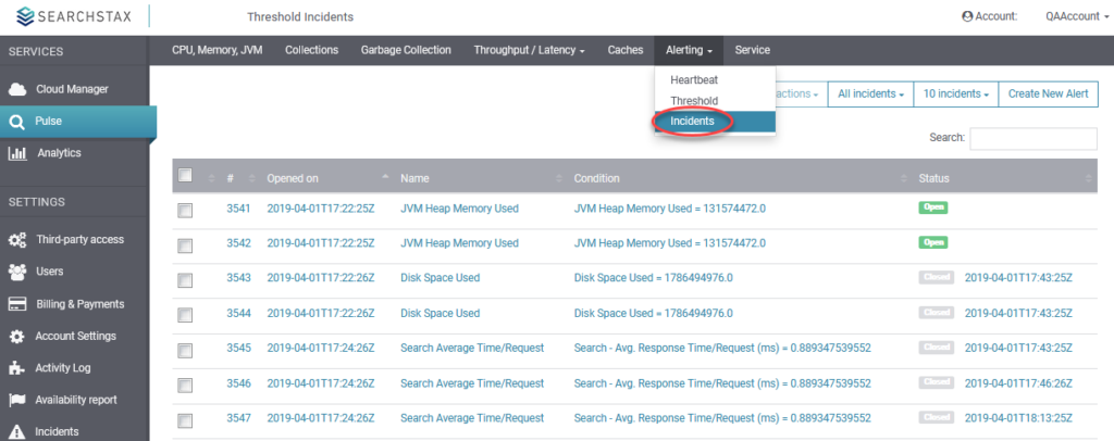 SearchStax Alerting Incidents