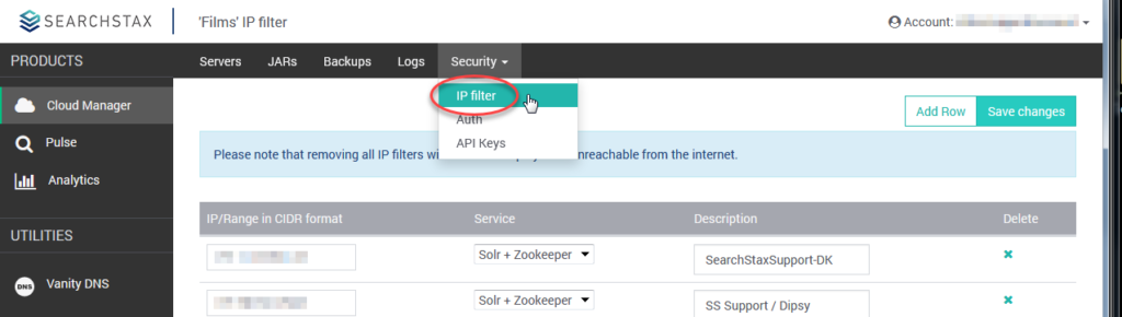 SearchStax Security IP Filtering