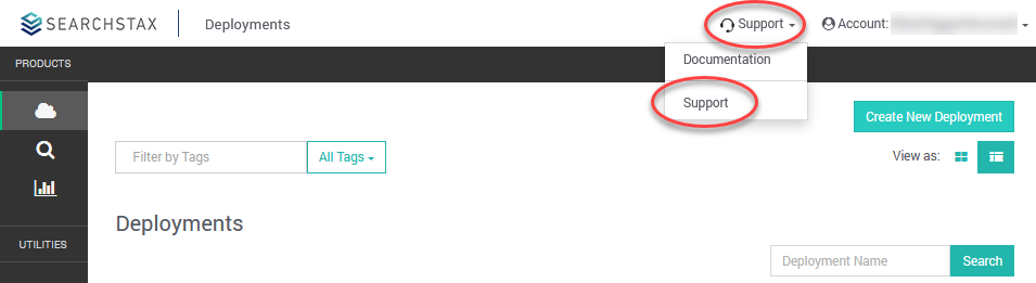 SearchStax Support menu