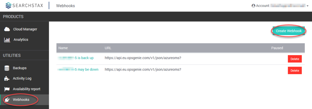 SearchStax Managed Solr Webhooks are listed under Utilities on the Dashboard