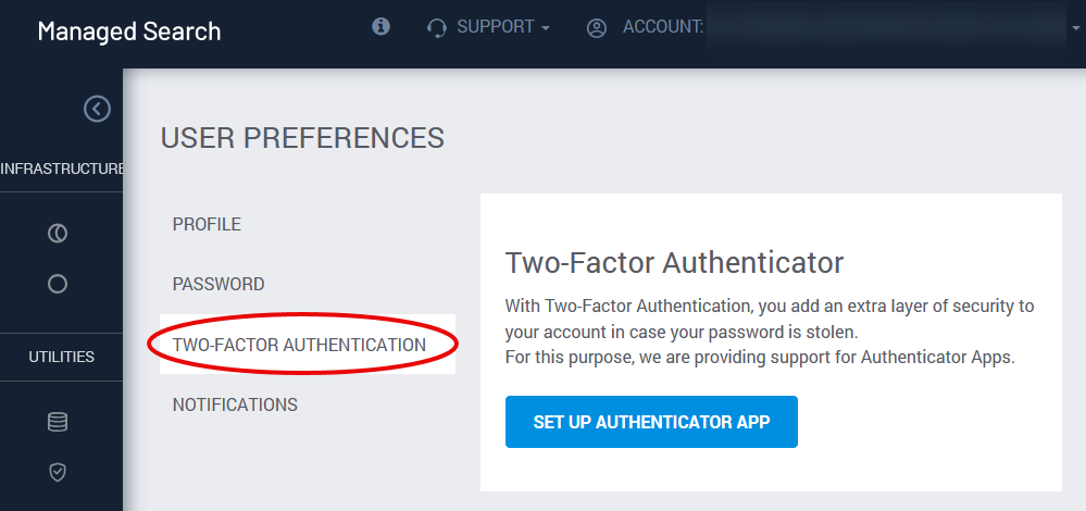 SearchStax Managed Search Profile screen showing Two-Factor Authentication option.