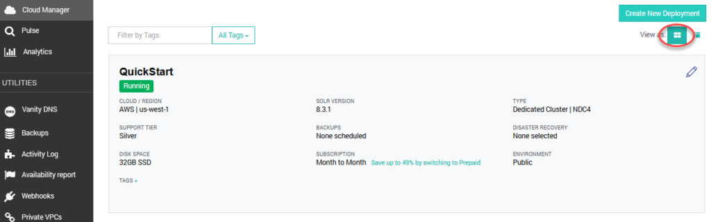 SearchStax Managed Solr Quick Start Card View