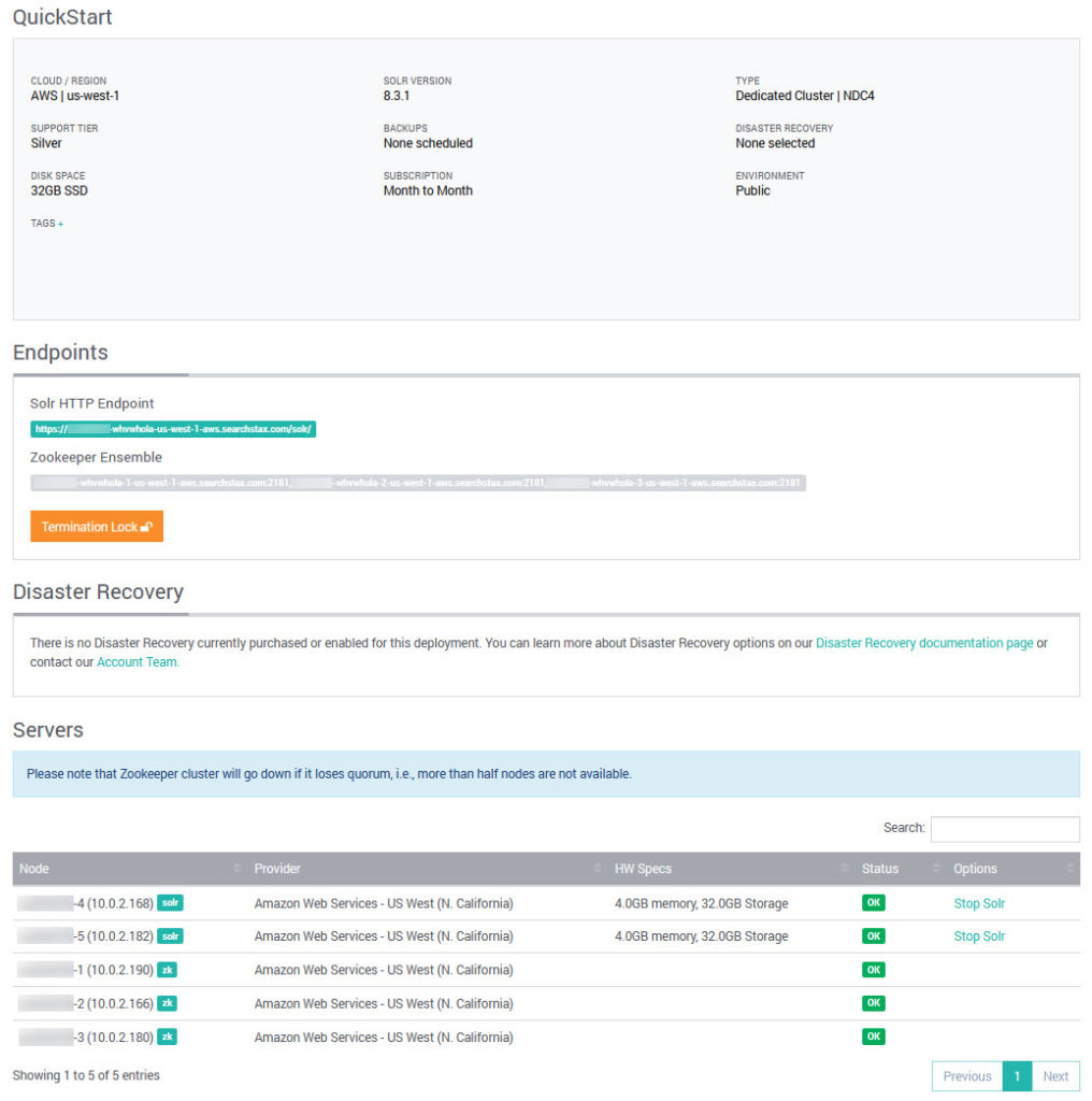 SearchStax Managed Solr Quick Start Server Details