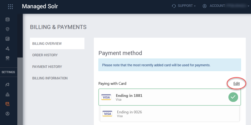 SearchStax Credit Card Billing