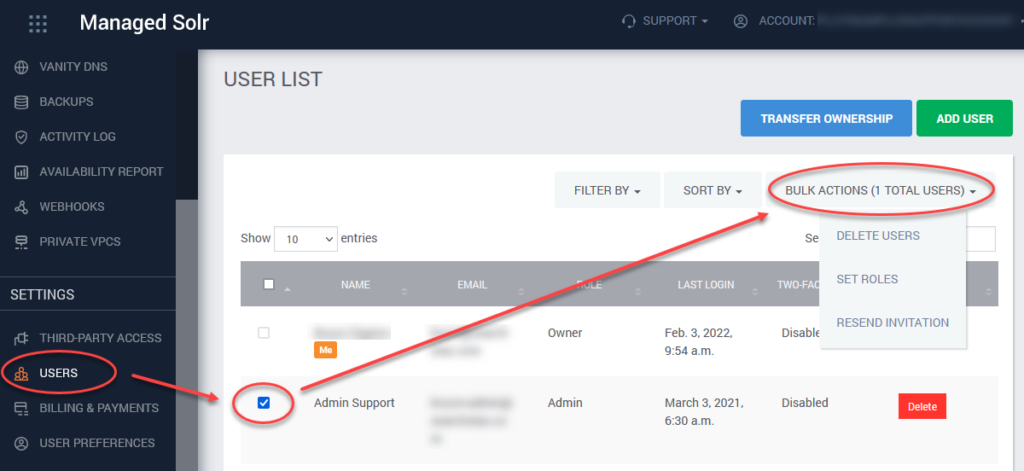 SearchStax Users Bulk Actions