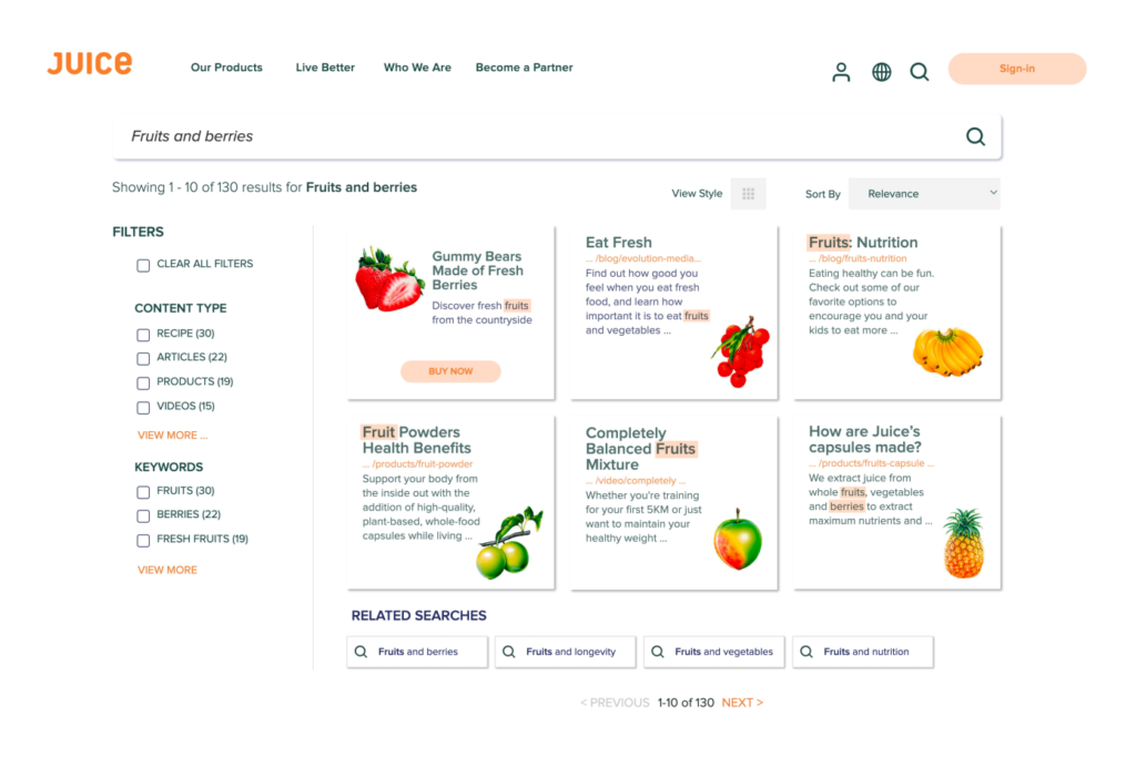 UX best practices in website search results page