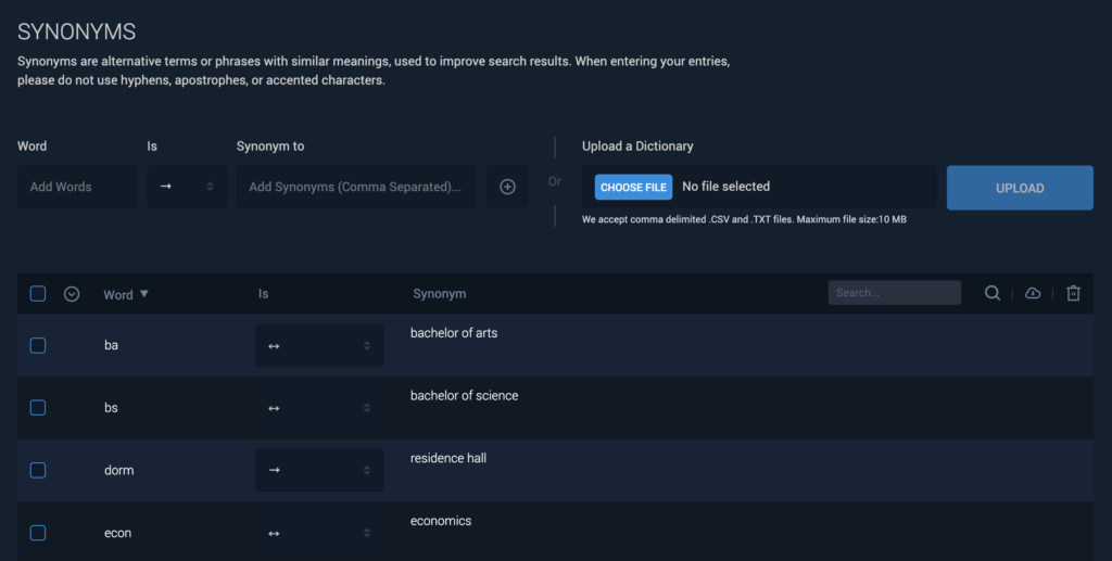 search UX best practices synonyms example
