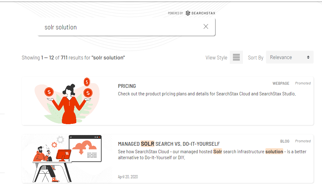 A screenshot showing a search for the query "solr solution" and the page results that were returned.