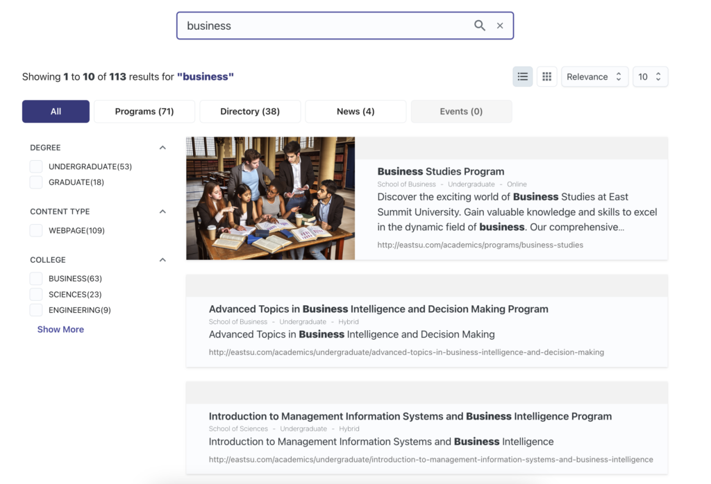 SearchStax Site Search search results page example