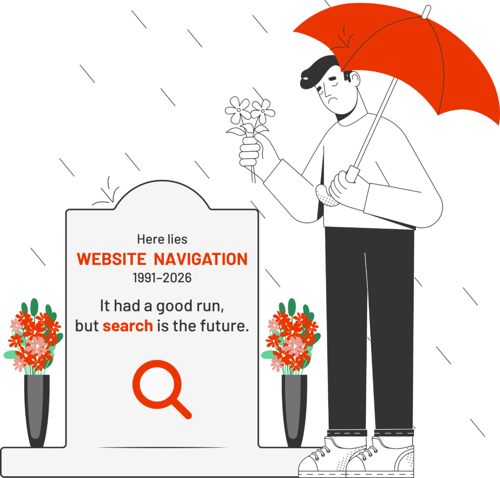 traditional website navigation is dead in favor of site search - cartoon depicts tomb stone for website navigation with a person holding an umbrella and leaving flowers