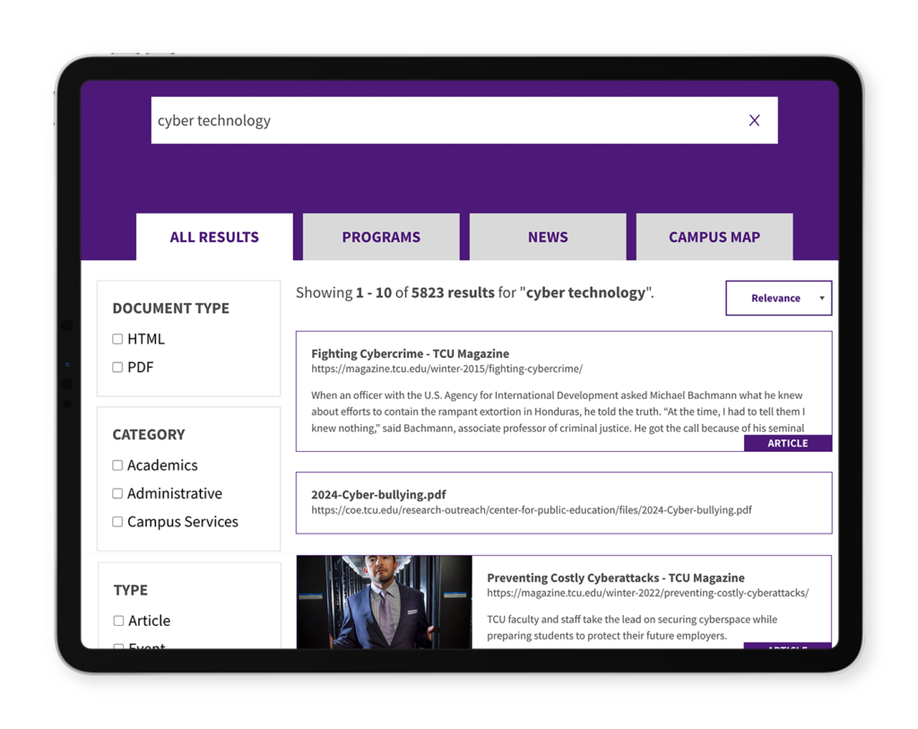 search results for cyber technology on the TCU website