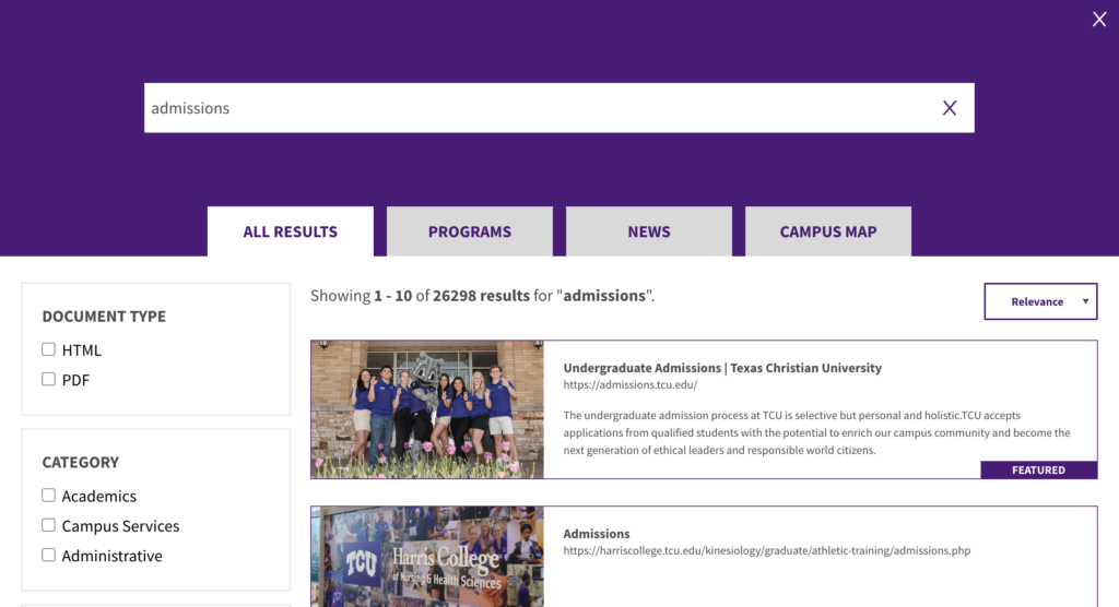 Examples of optimized search with practical AI at TCU - with admissions as the search term.