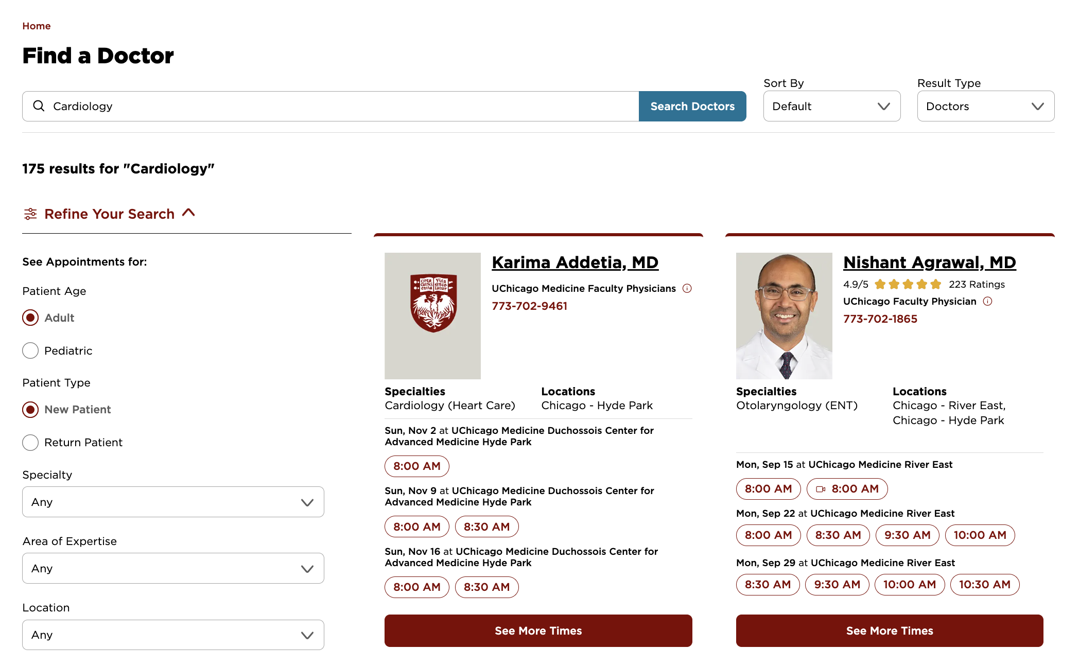 Example of a "cardiology" search on the University of Chicago Medical "find a doctor" search.