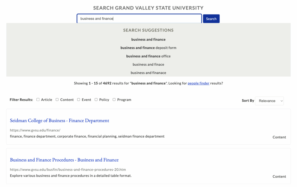 Grand Valley State University website search results page example