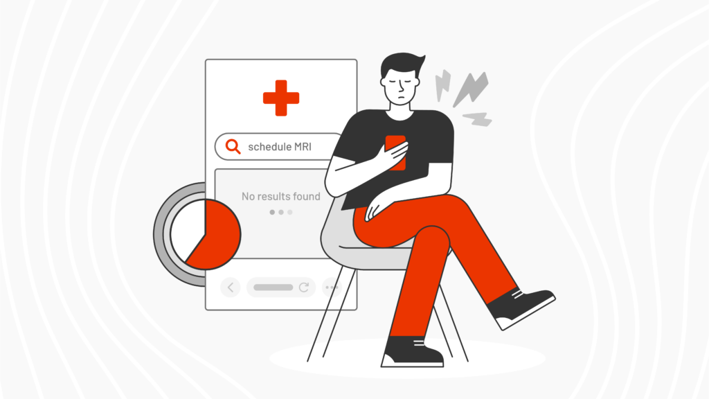 New research insights about when search breaks on healthcare websites, featuring a cartoon character struggling to find care on a mobile phone.