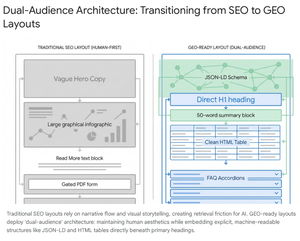 Side-by-side comparison of dual-audience architecture for GEO vs traditional SEO structure