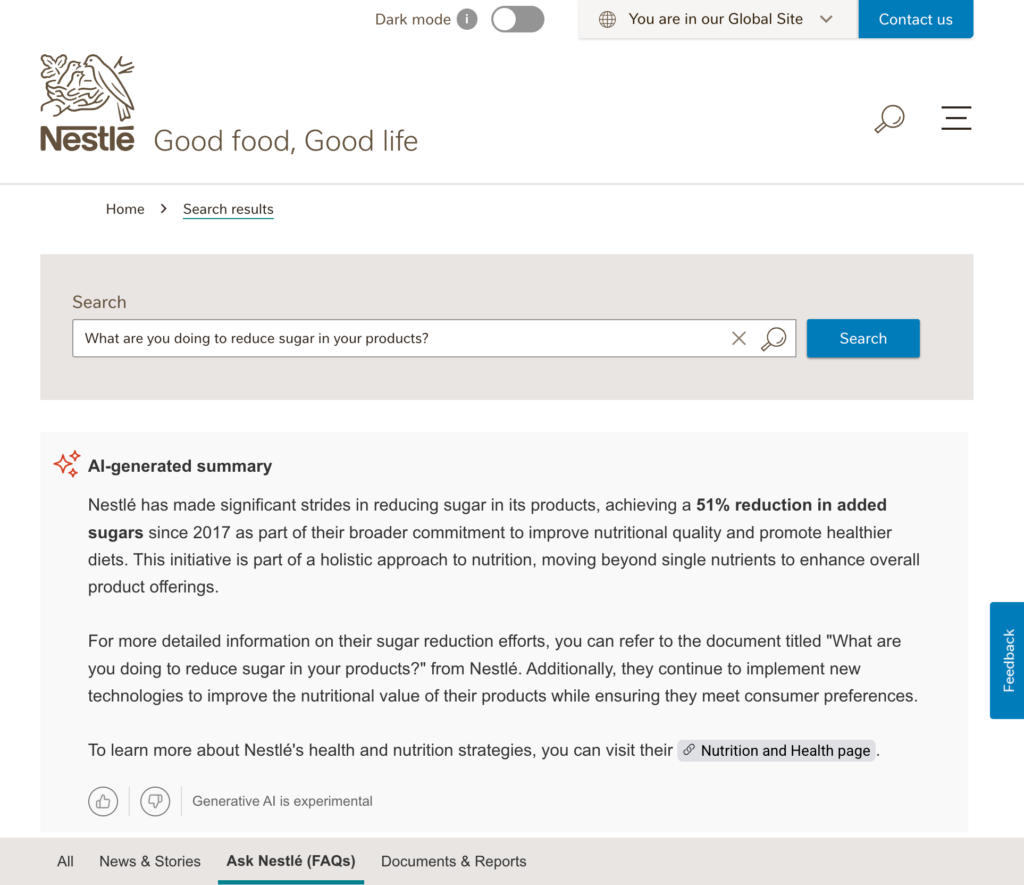 Nestle onsite search example with generative AI summaries